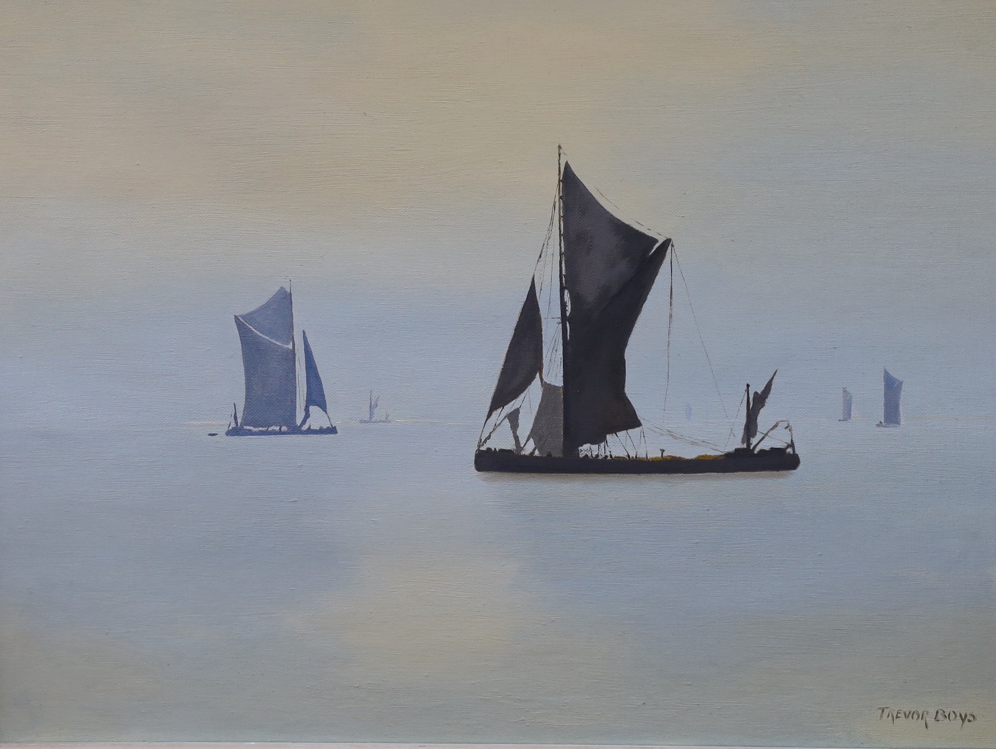 Trevor Boys, three oils on canvas, Thames sailing barges: The Creek, Kirby-le-Soken and Gravesend Reach, all signed, largest 39 x 49cm